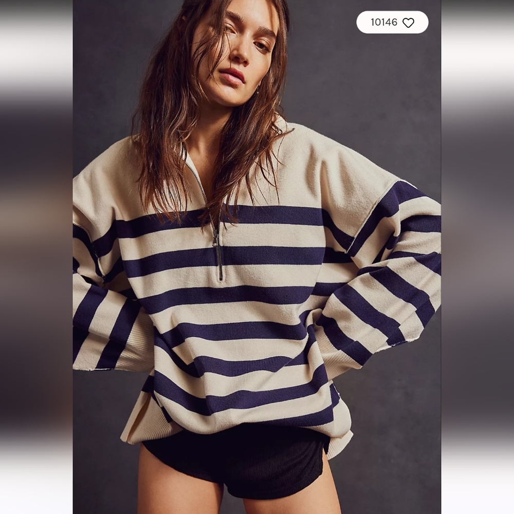 FREE PEOPLE Coastal Navy Cream Navy Striped Half Zip Pullover NWT - Picture 3 of 9